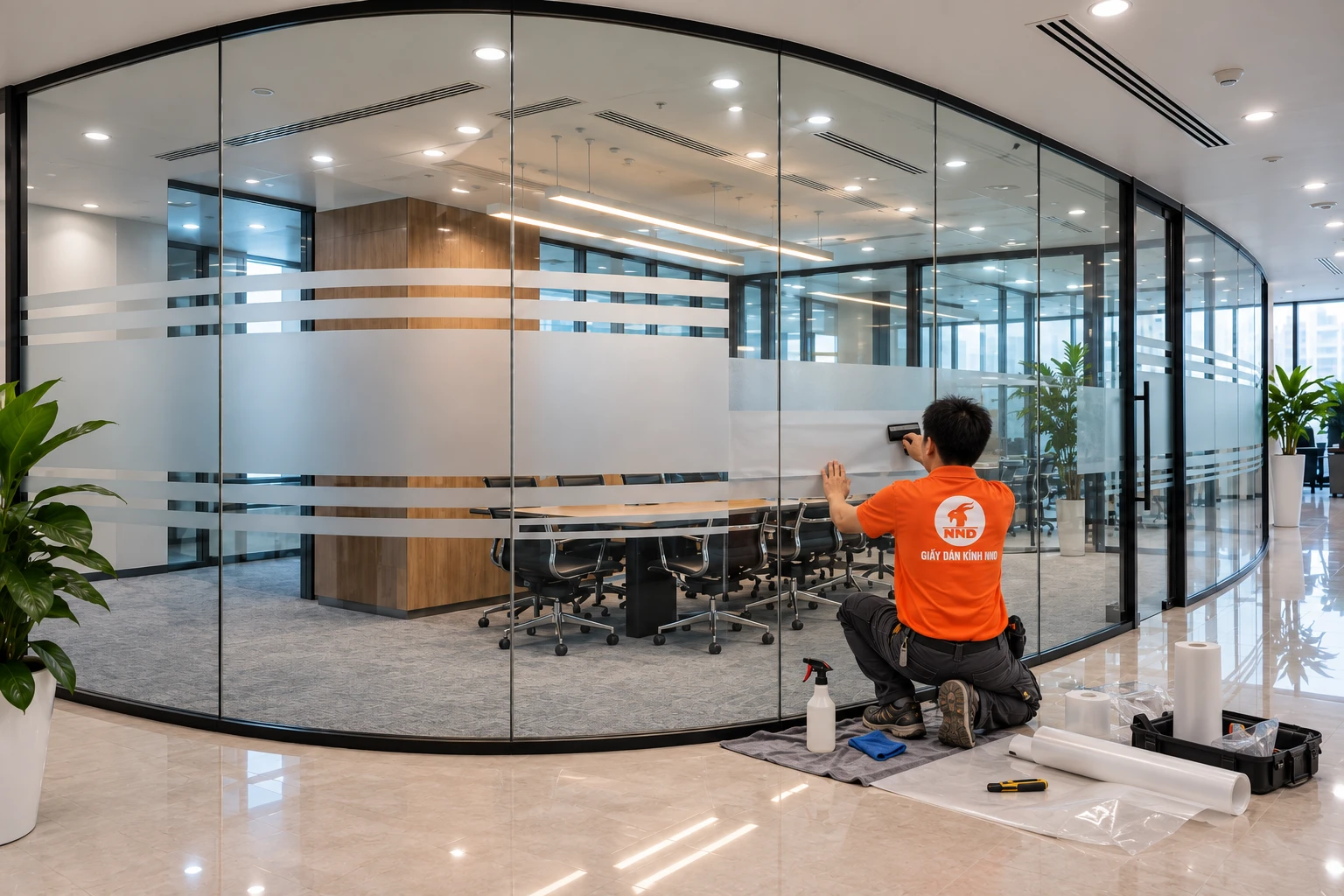 Kỹ thuật dán decal mờ kẻ chỉ trên vách kính phòng họp