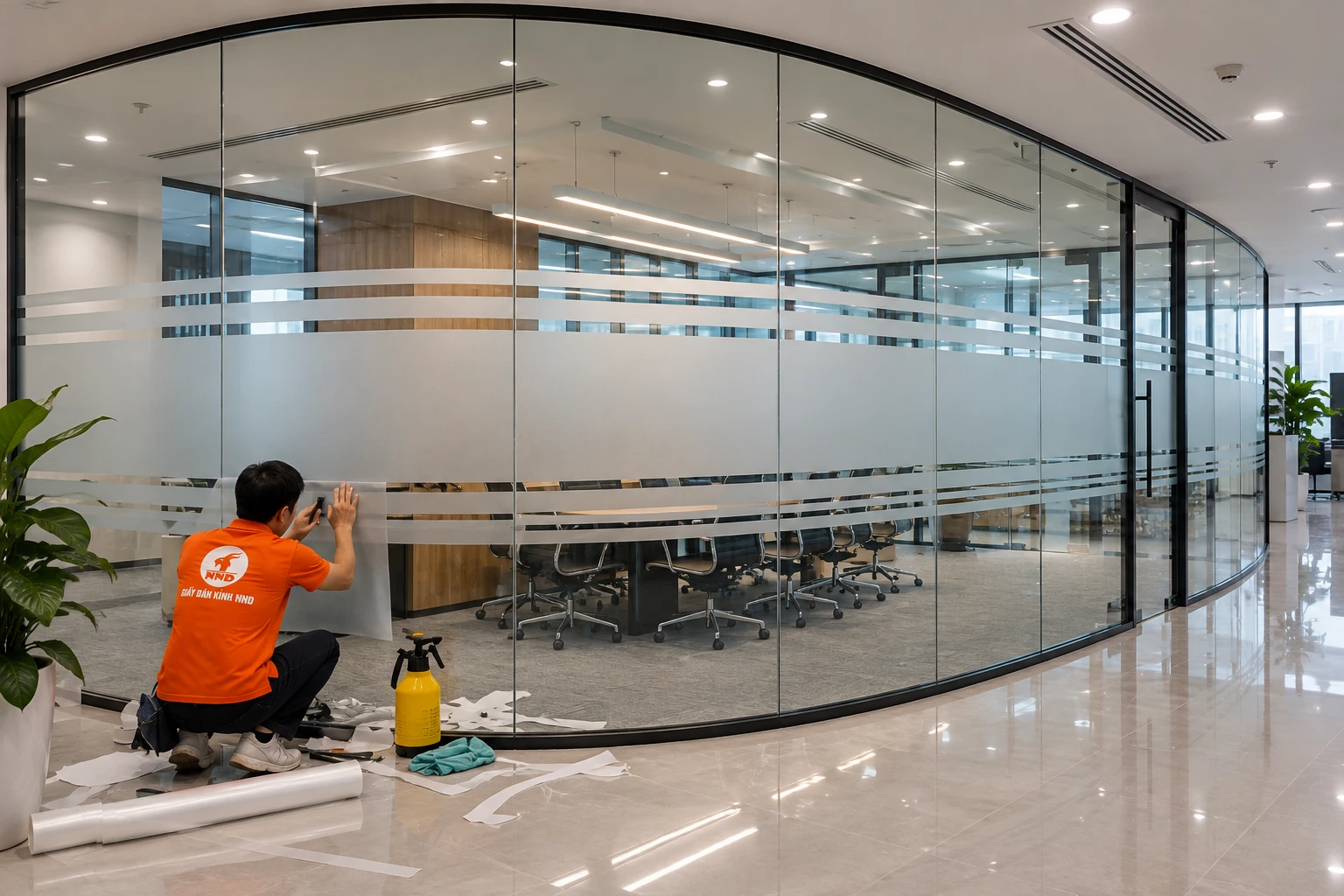 Thợ NND thi công decal mờ kẻ chỉ phòng họp tại Nam Từ Liêm