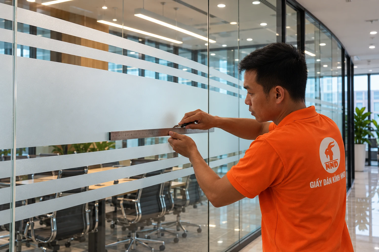 Kiểm tra đường kẻ chỉ decal mờ phòng họp kính Nam Từ Liêm