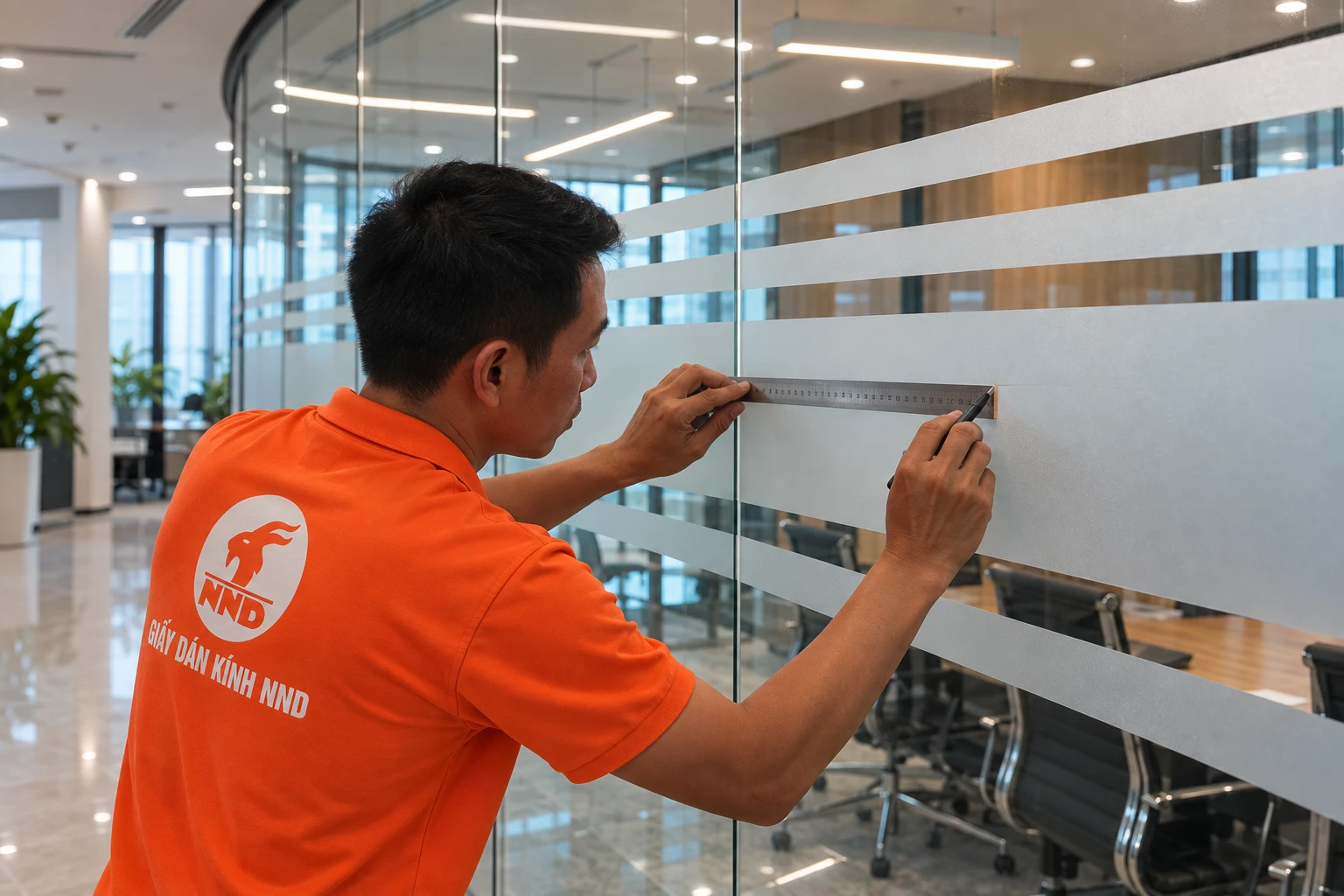 Cận cảnh chất lượng decal mờ kẻ chỉ phòng họp kính