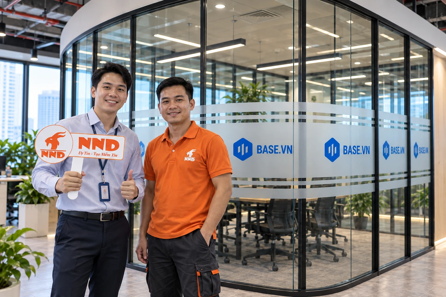 Hoàn thiện công trình decal mờ in logo Base.vn
