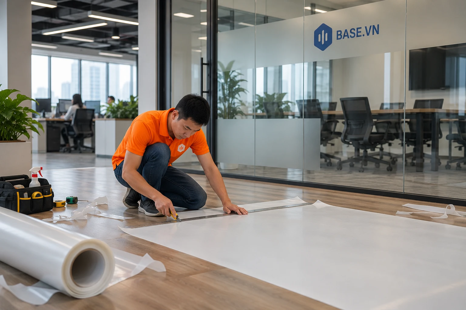Căn tỷ lệ decal mờ in logo Base.vn trên hệ kính cường lực