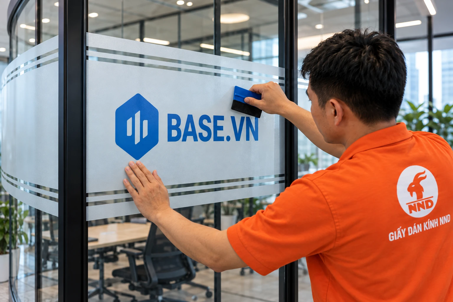 Thi công logo Base.vn trên nền decal mờ văn phòng