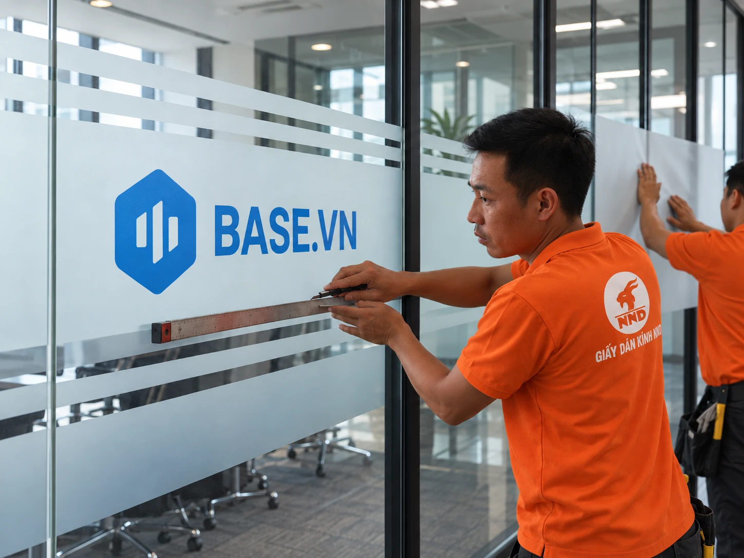 Cận cảnh decal mờ in logo Base.vn sau khi hoàn thiện