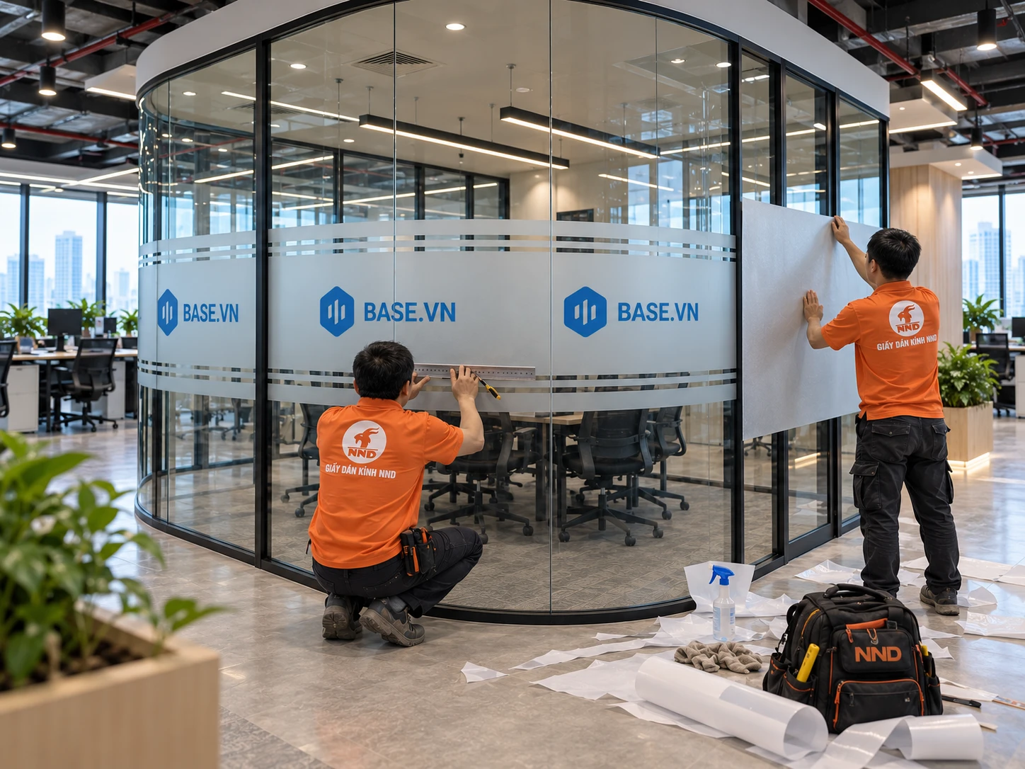 Thợ NND thi công decal mờ in logo Base.vn trên vách kính