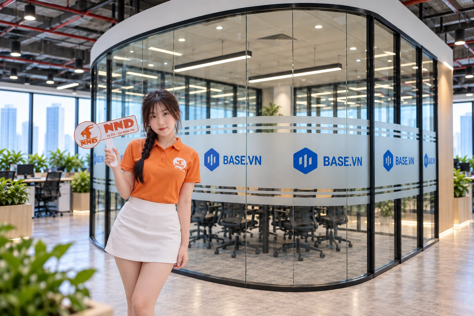 Kết quả decal mờ in logo Base.vn trên hệ kính văn phòng