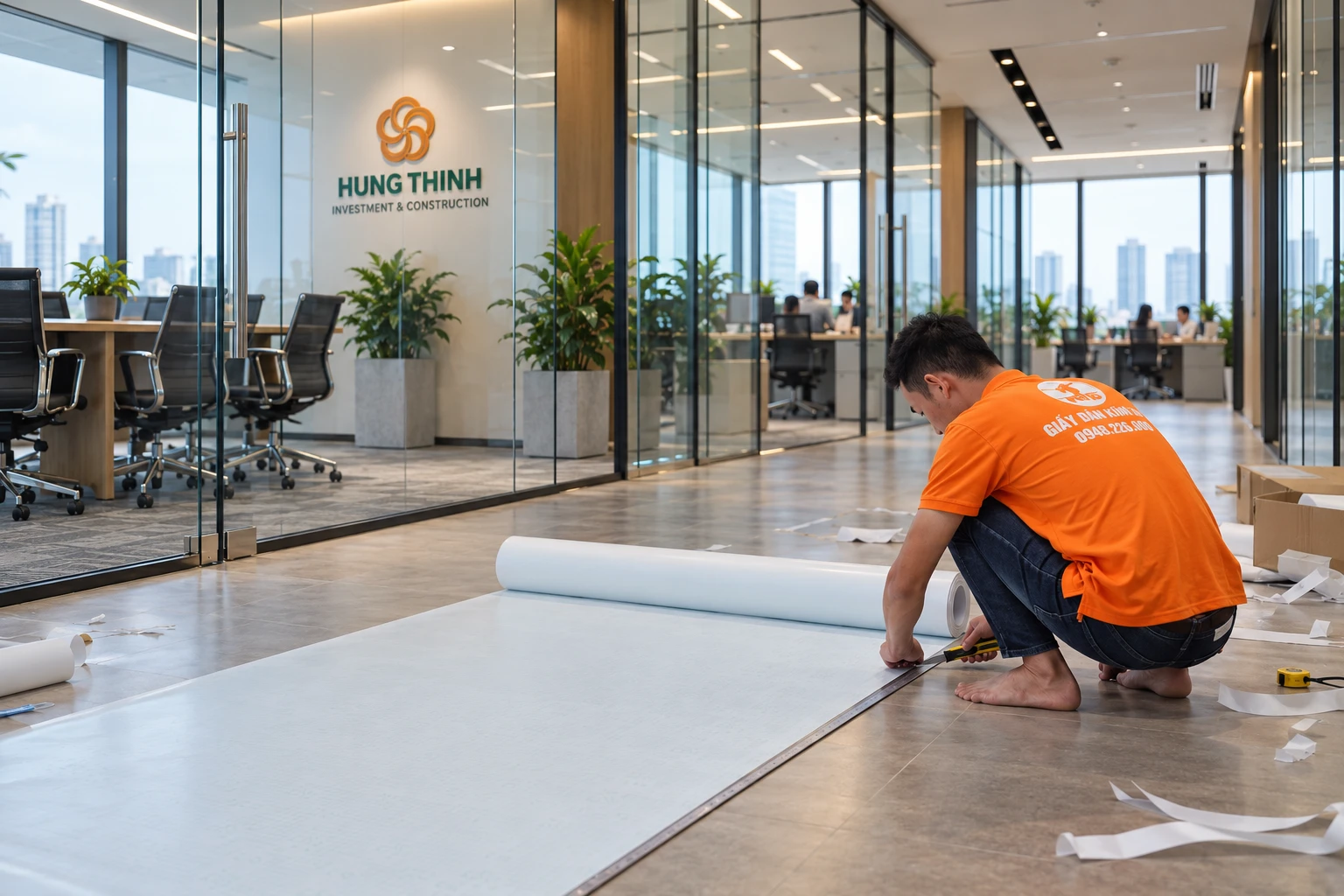 Căn nền decal mờ cho vách kính văn phòng Hưng Thịnh