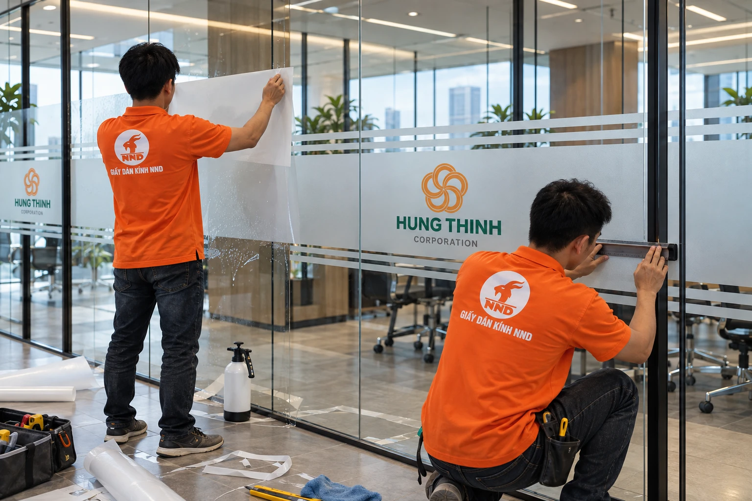Căn decal mờ in logo Hưng Thịnh theo vùng nhìn chính
