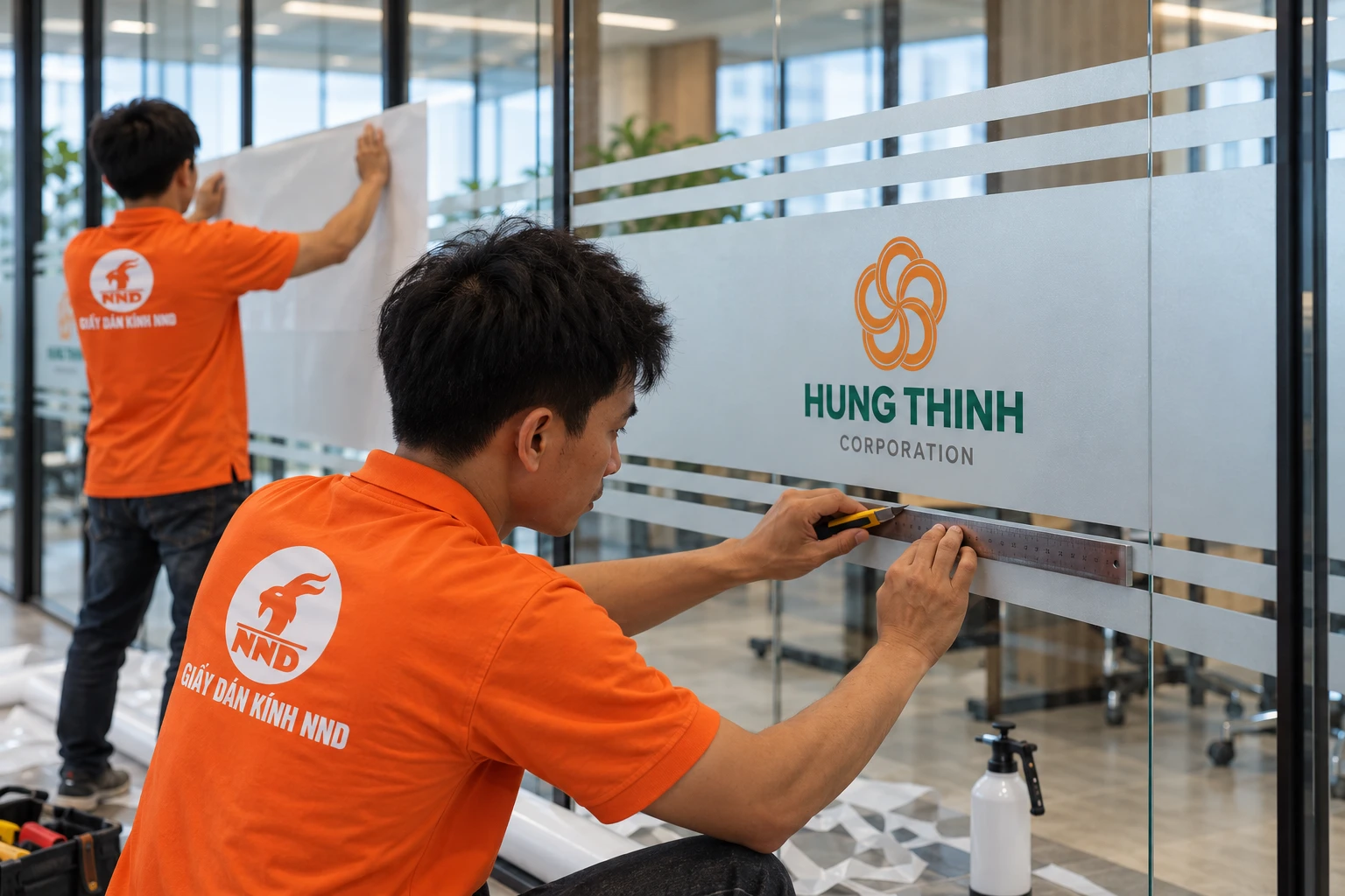 Thi công logo Hưng Thịnh trên nền decal mờ văn phòng