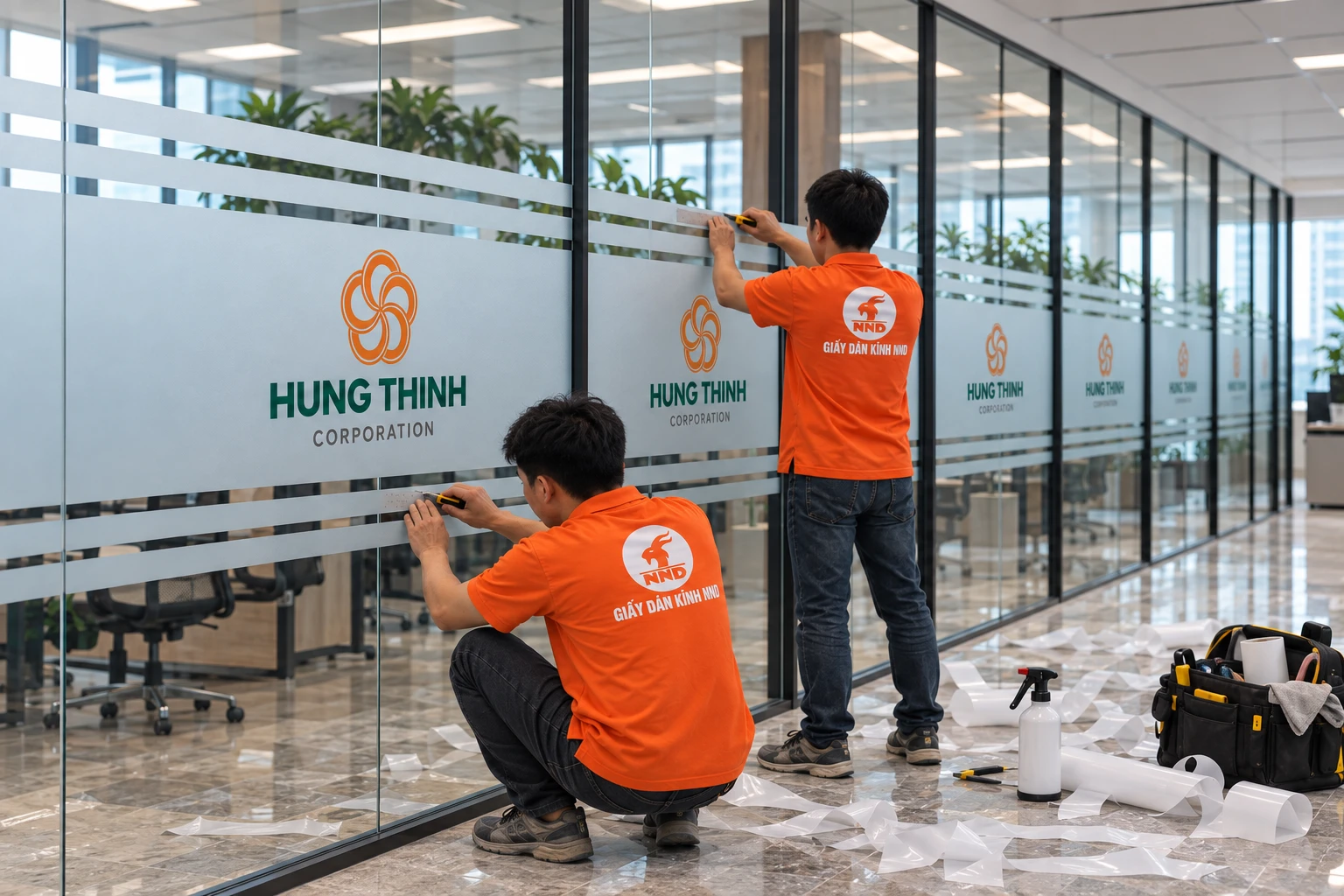 Thợ NND thi công decal mờ in logo Hưng Thịnh