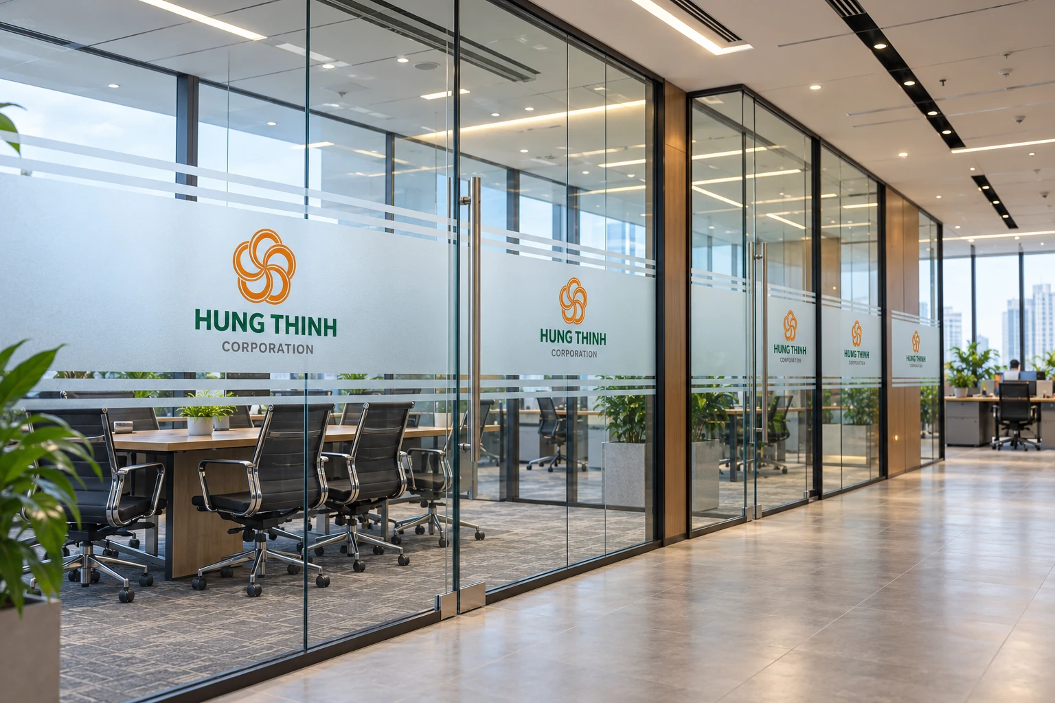 Vách kính văn phòng hoàn thiện decal mờ logo Hưng Thịnh