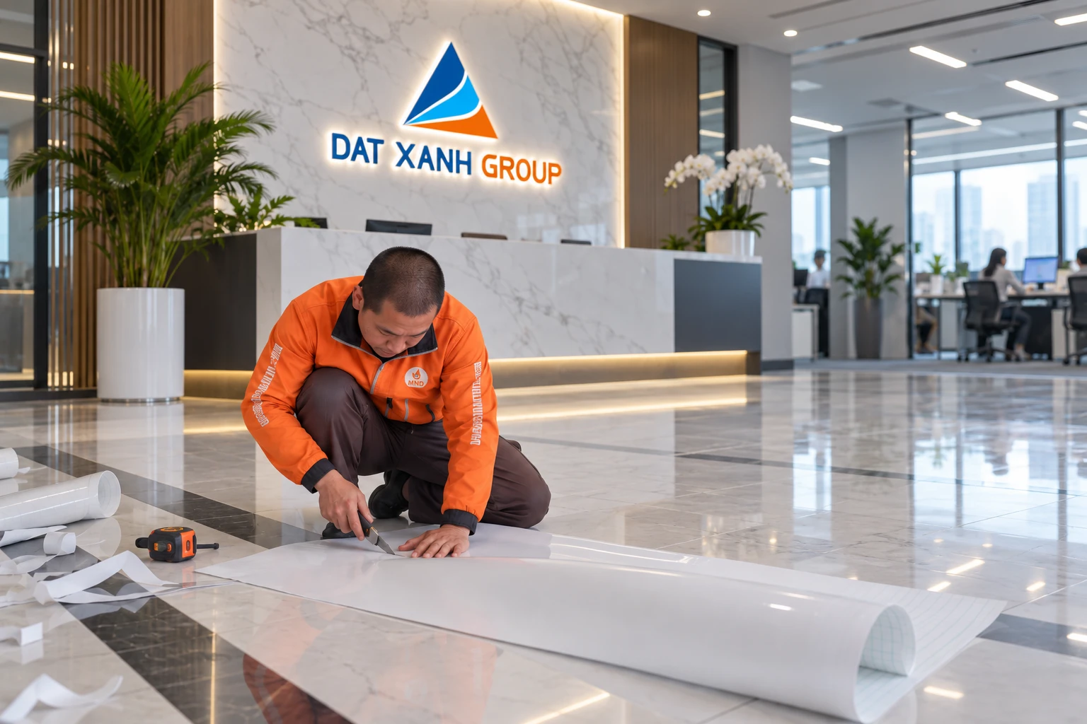 Lấy chuẩn cao độ decal mờ cắt logo âm bản Đất Xanh Group