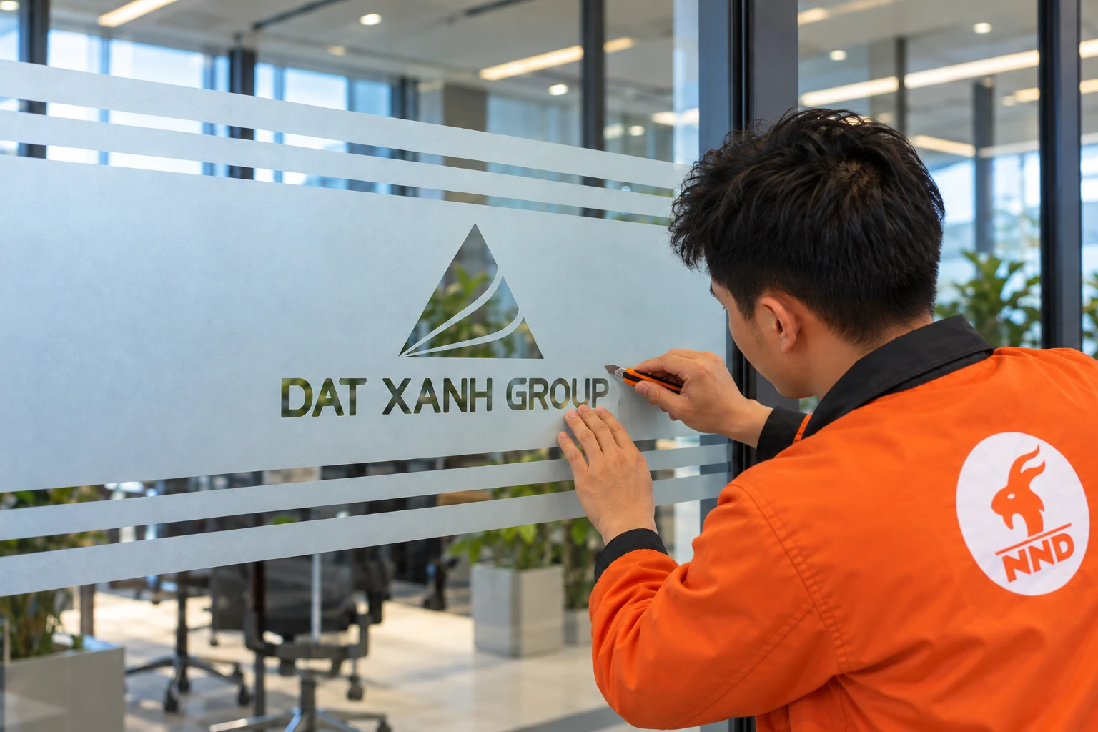 Thi công nền decal mờ cho hệ kính Đất Xanh Group
