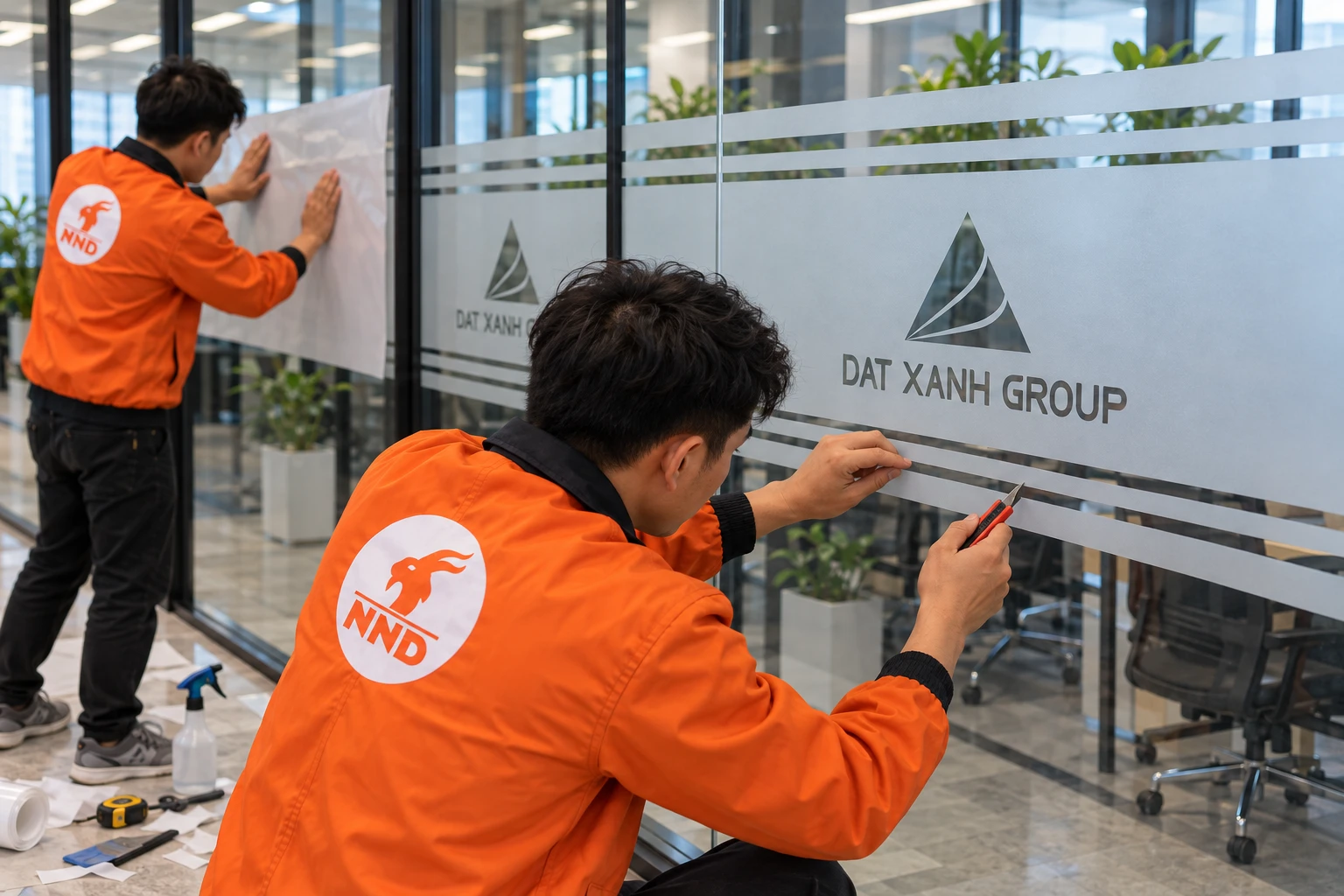 Thợ NND thi công decal mờ cắt logo âm bản Đất Xanh Group