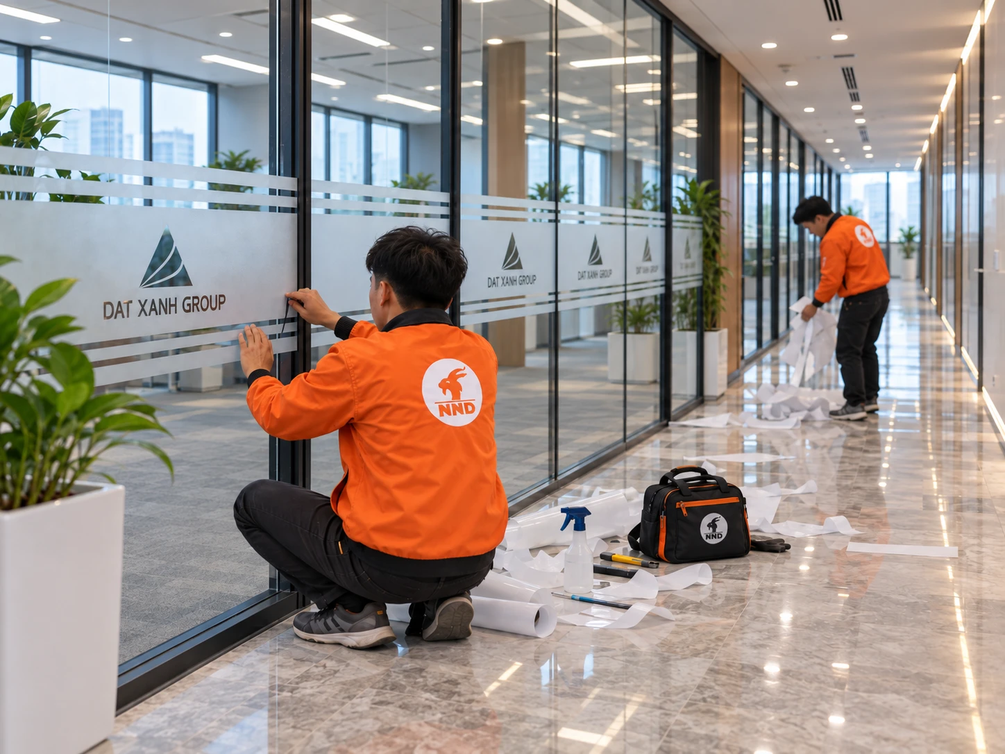 Cận cảnh decal mờ cắt logo âm bản Đất Xanh Group
