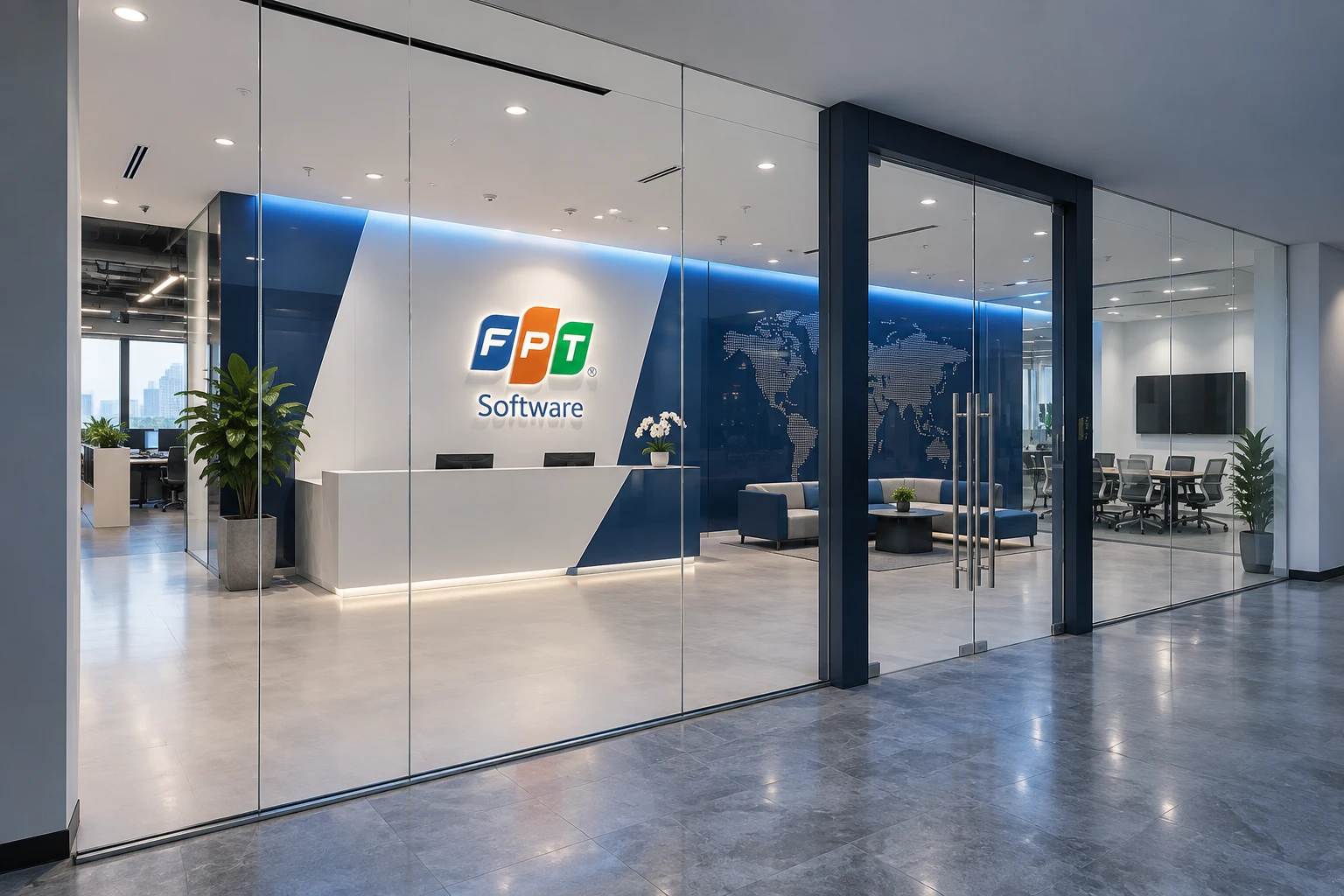 Decal mờ FPT Software tại lễ tân trên hệ kính văn phòng