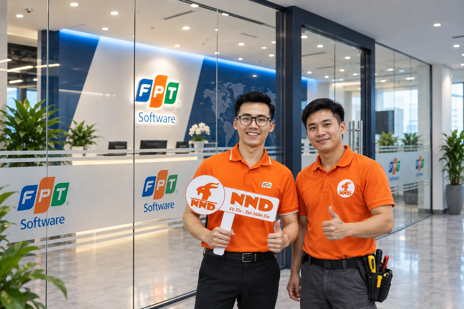 Hoàn thiện decal mờ kết hợp thương hiệu FPT Software tại lễ tân