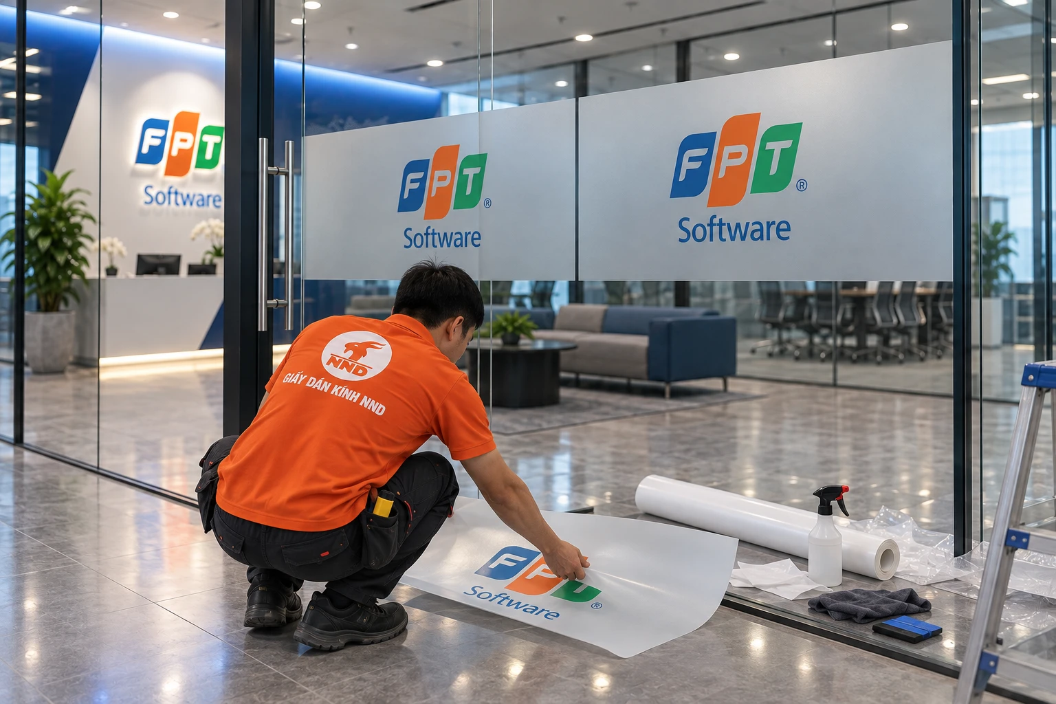 Hoàn thiện decal mờ FPT Software tại lễ tân