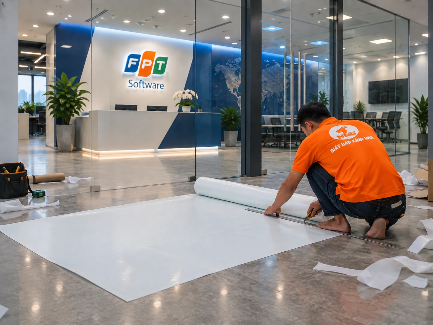 Đo kích thước trước khi thi công decal mờ FPT Software tại lễ tân