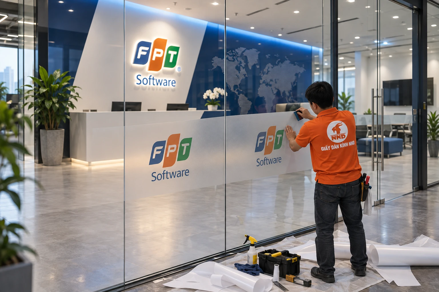 Decal mờ FPT Software tại lễ tân trên vách kính