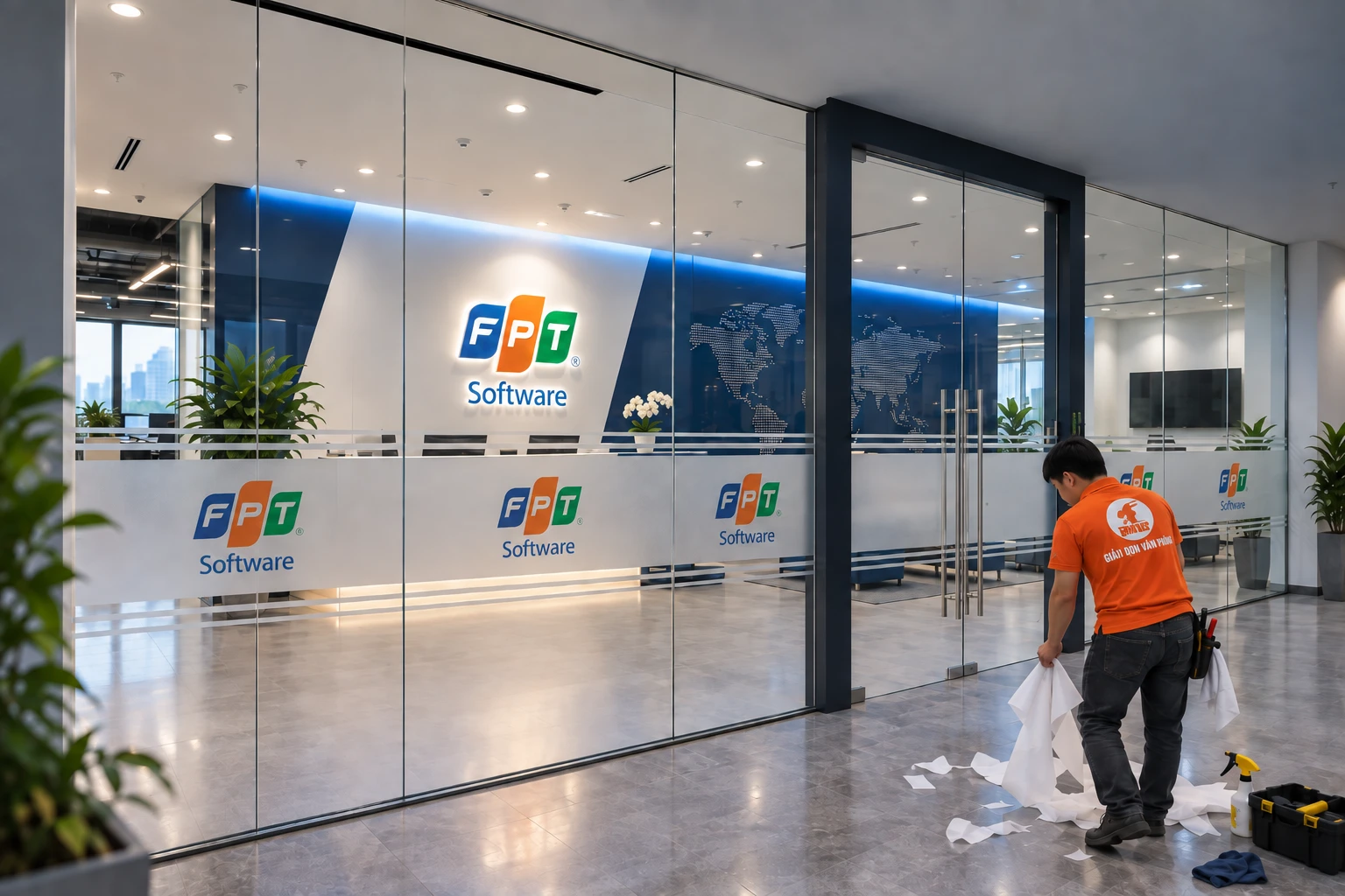 Vách kính khu vực lễ tân FPT Software dán decal mờ thương hiệu