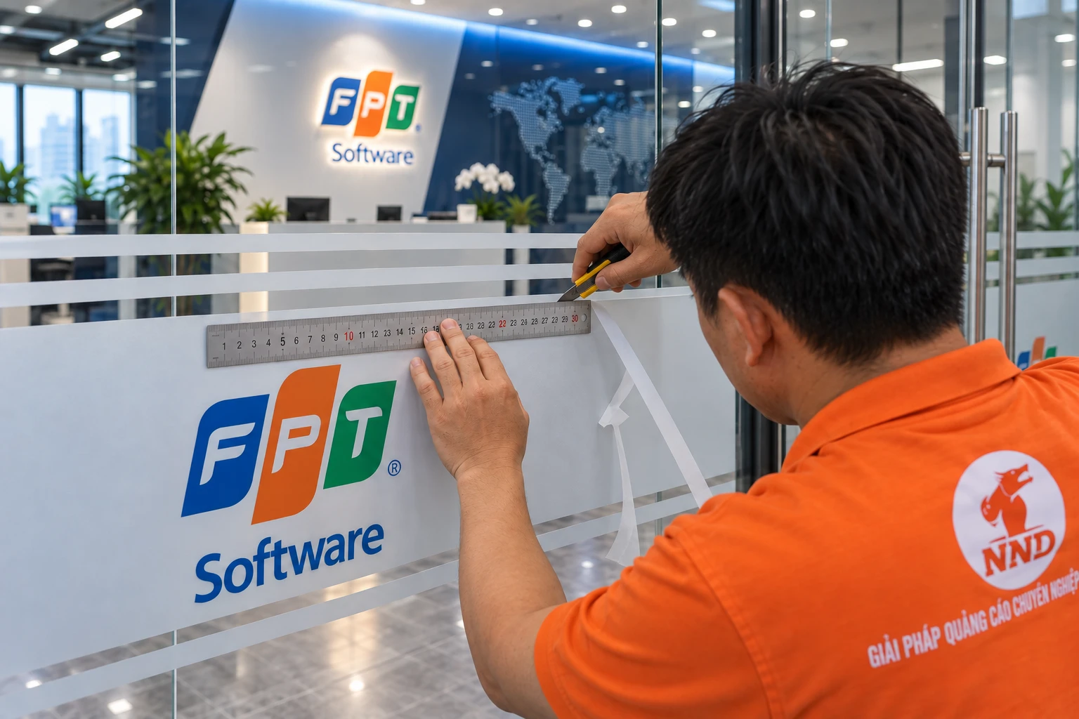 Thi công decal mờ kết hợp thương hiệu tại lễ tân FPT Software