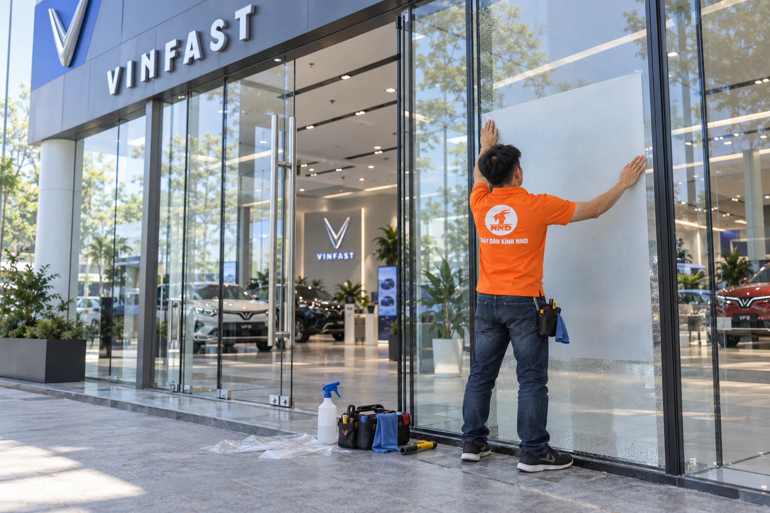 Decal mờ logo VinFast showroom - hình ảnh công trình