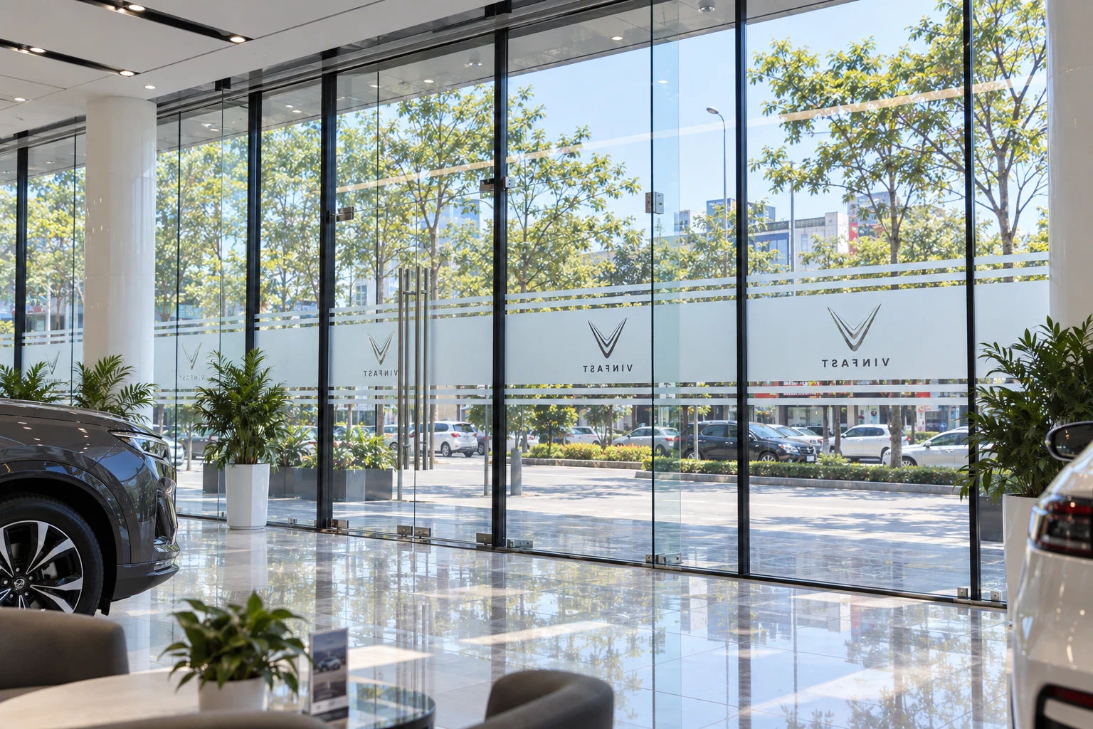 Hoàn thiện decal mờ logo VinFast showroom