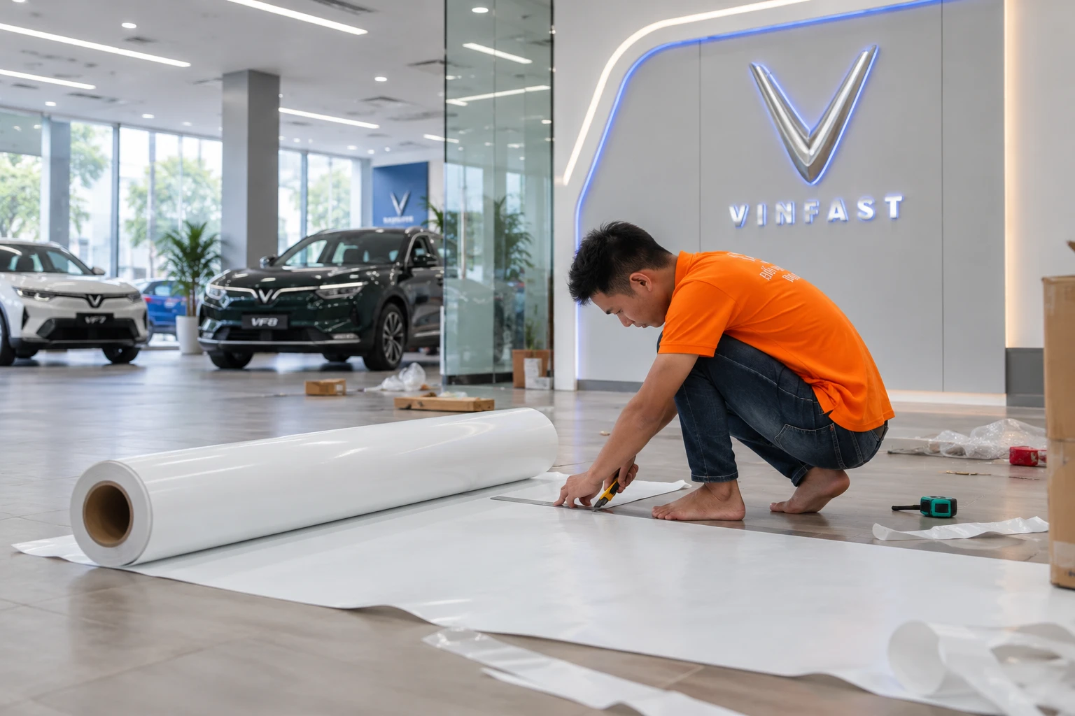 Đo kích thước trước khi thi công decal mờ logo VinFast showroom