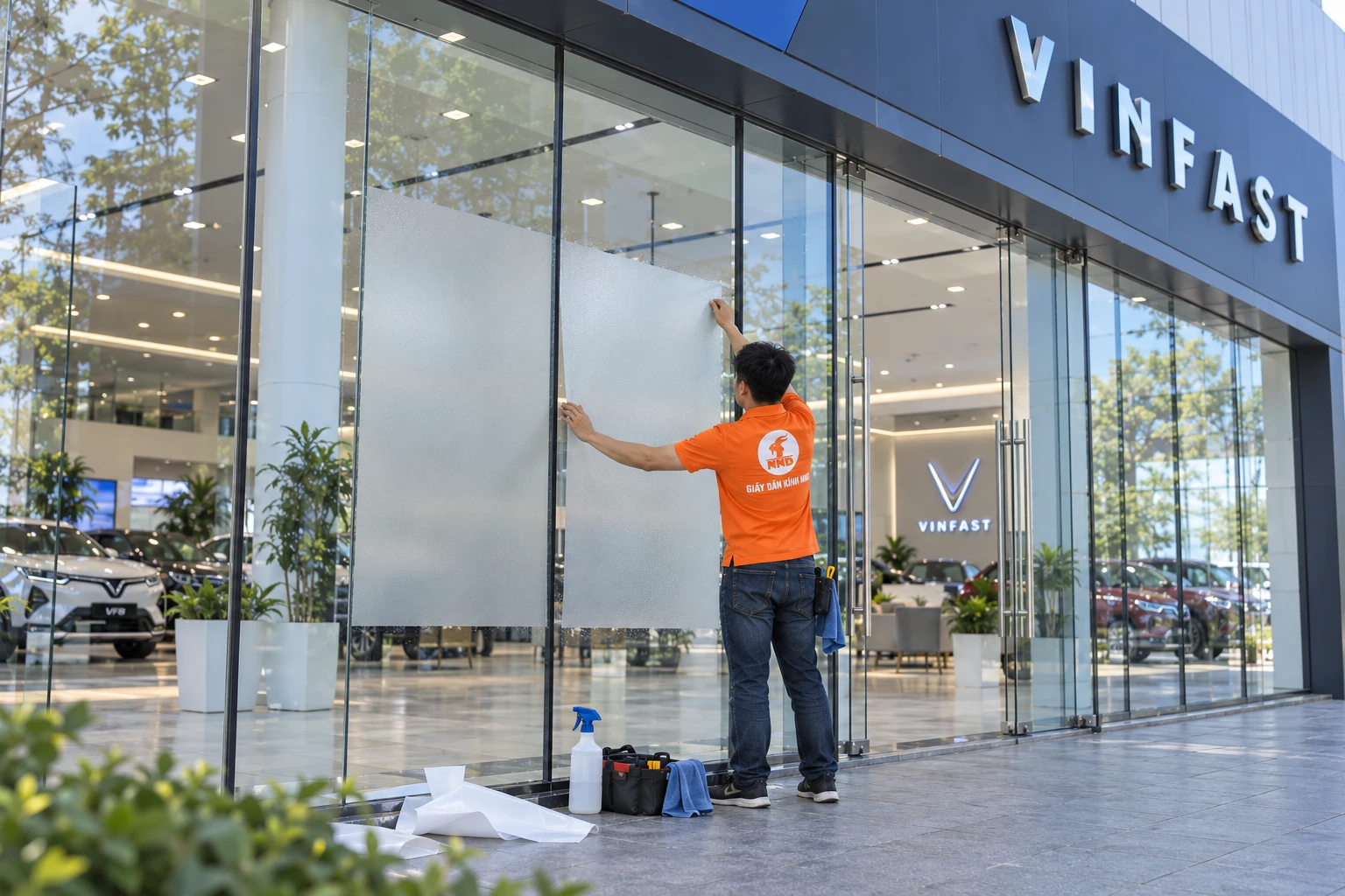 Decal mờ logo VinFast showroom trên hệ kính