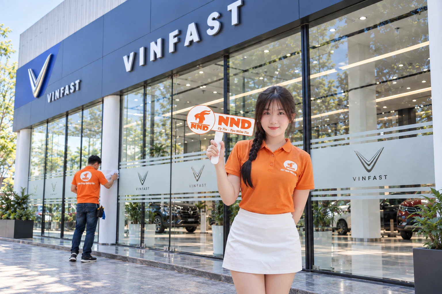 Cận cảnh decal mờ logo VinFast showroom
