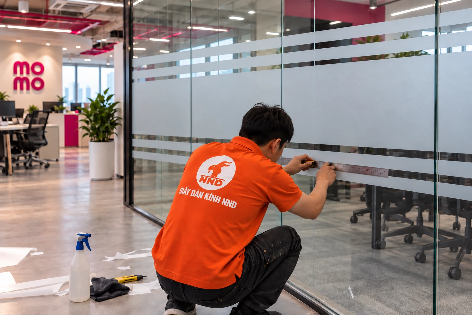 Cận cảnh decal mờ kẻ chỉ trên kính văn phòng MoMo