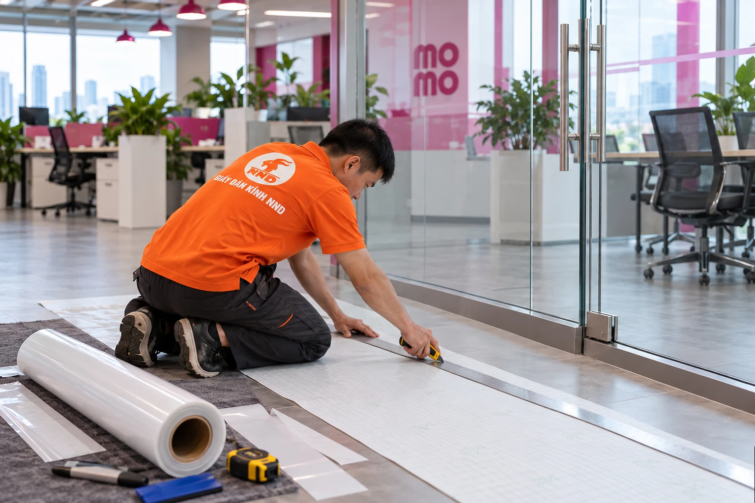 Vách kính văn phòng MoMo dán decal mờ kẻ chỉ đồng bộ