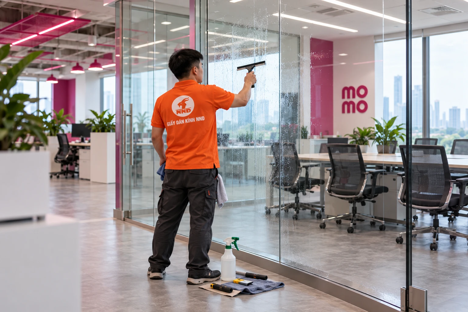 Thi công decal mờ kẻ chỉ tại phòng họp văn phòng MoMo