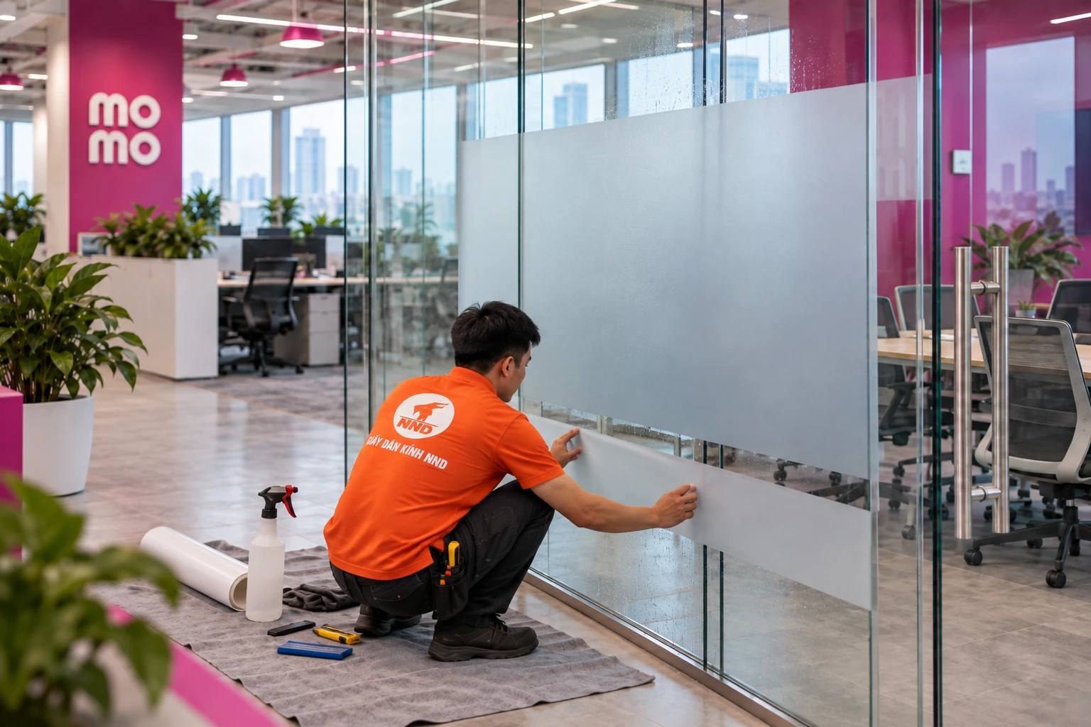 Hệ kính phòng họp MoMo dán decal mờ kẻ chỉ đồng bộ