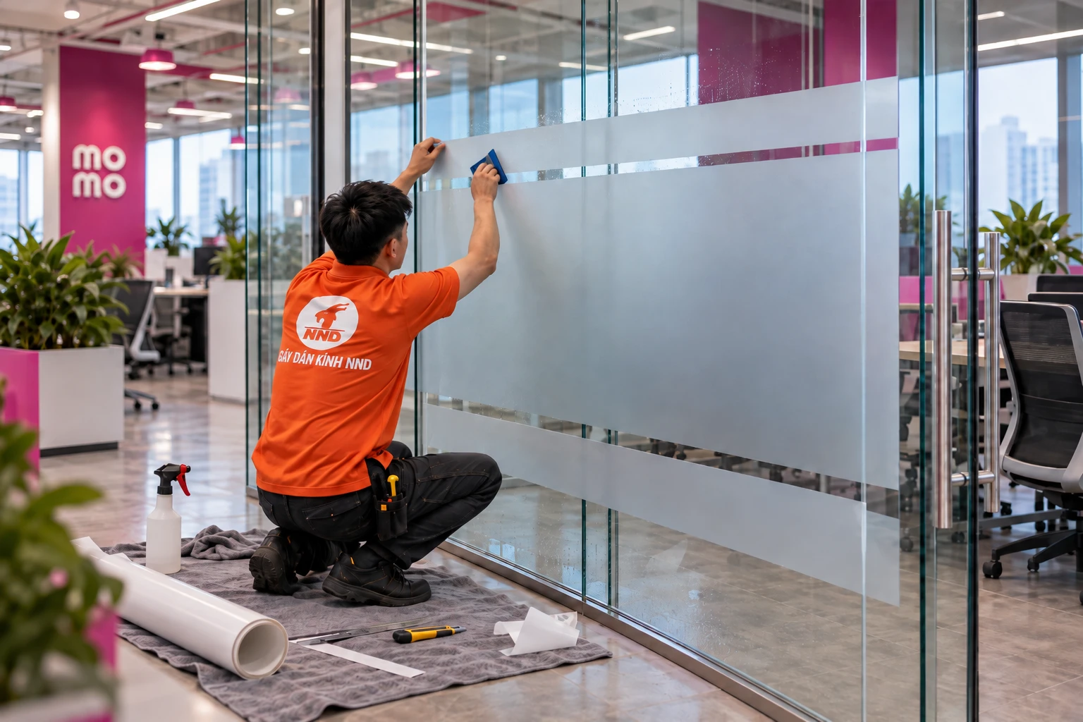 Decal mờ kẻ chỉ văn phòng MoMo cho nhiều phòng họp kính