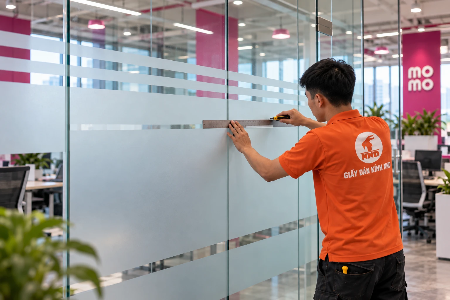 Decal mờ kẻ chỉ MoMo tăng riêng tư cho phòng họp kính