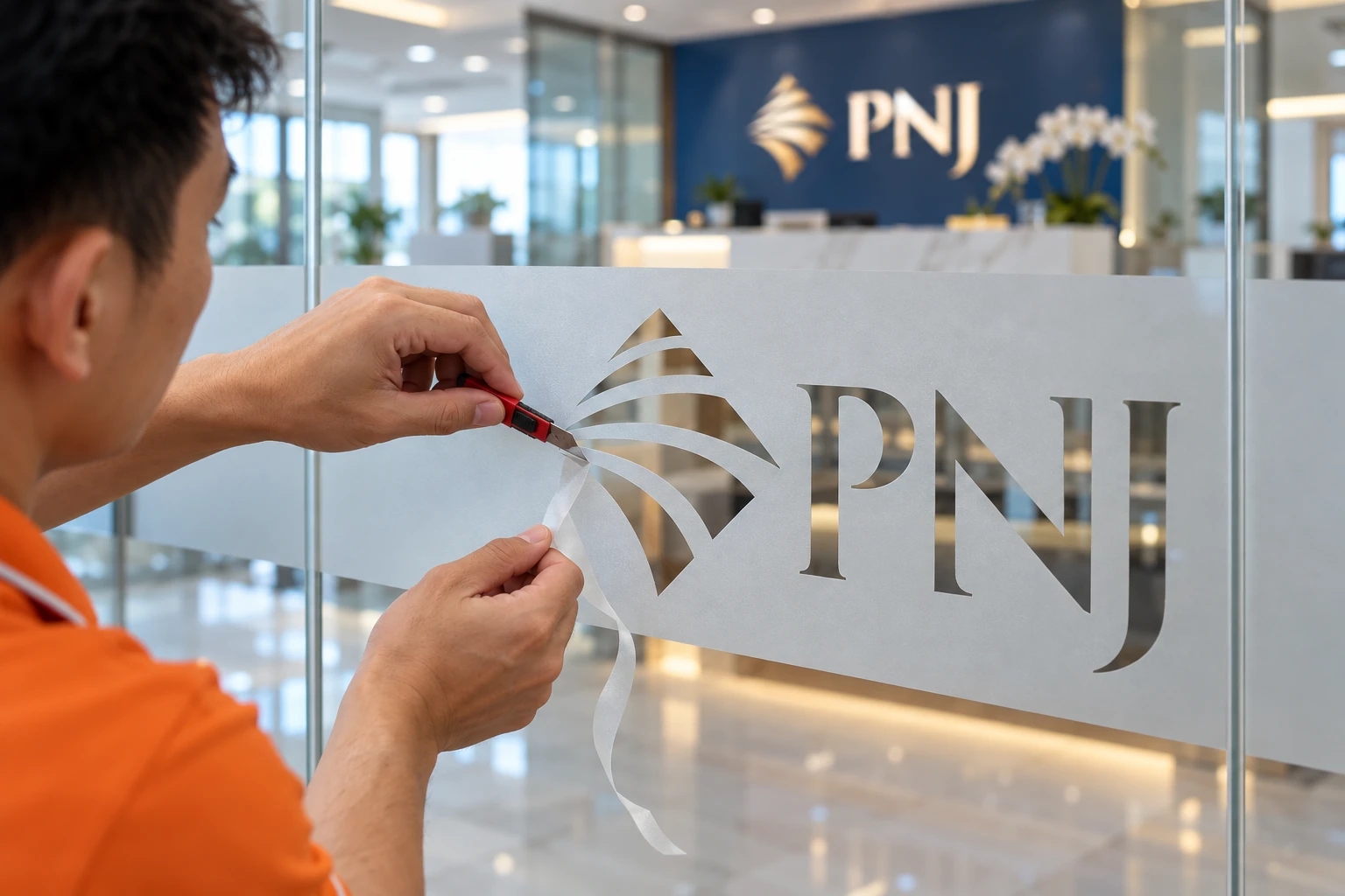 Decal mờ văn phòng PNJ sau khi bóc lớp cũ và dán mới