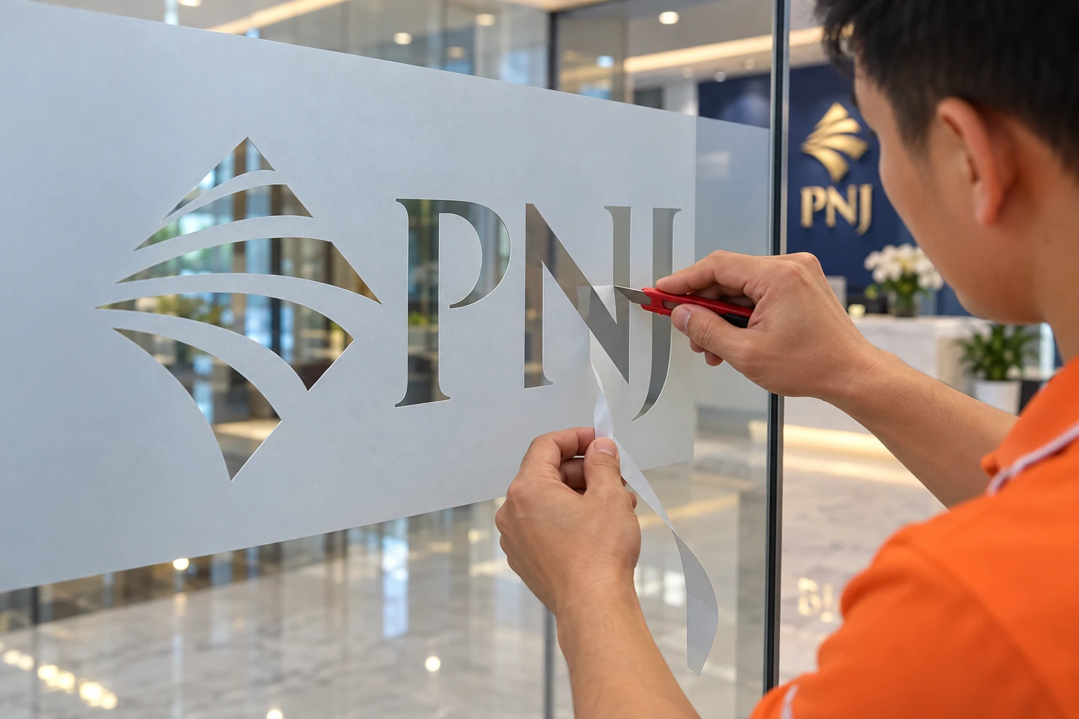 Hoàn thiện decal mờ mới trên hệ kính văn phòng PNJ