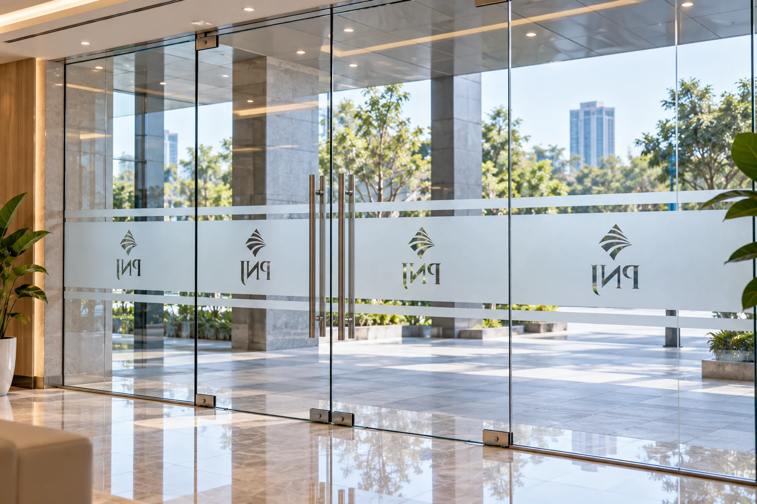Tổng thể hệ kính văn phòng PNJ sau khi dán decal mờ mới