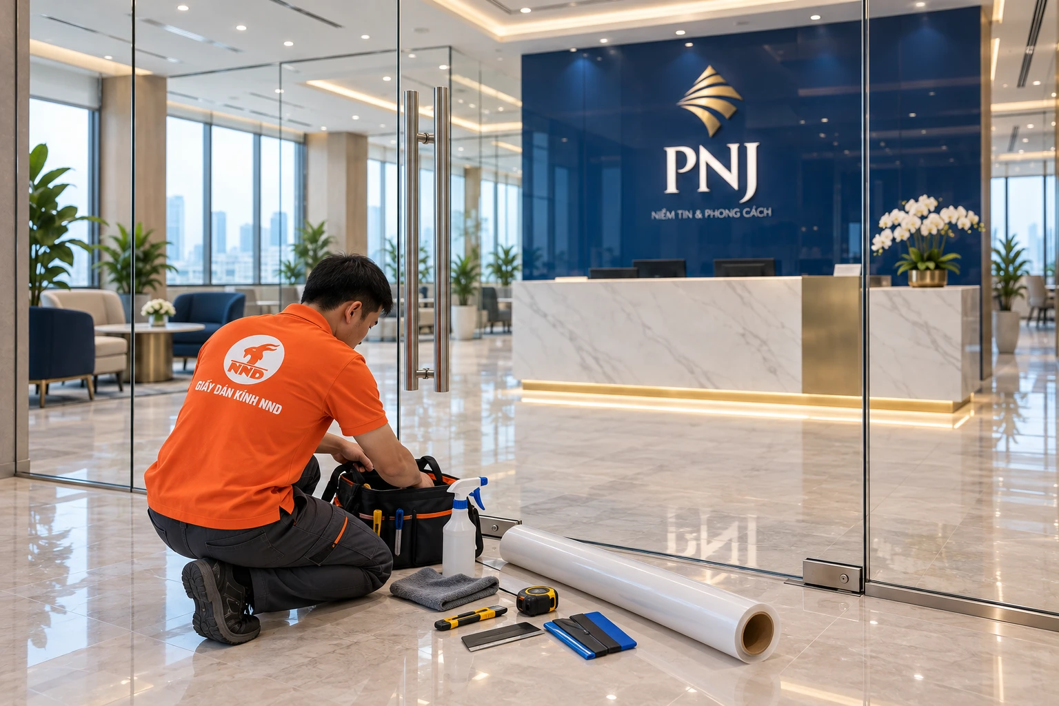 Xử lý keo cũ trên kính trước khi dán decal mờ mới văn phòng PNJ