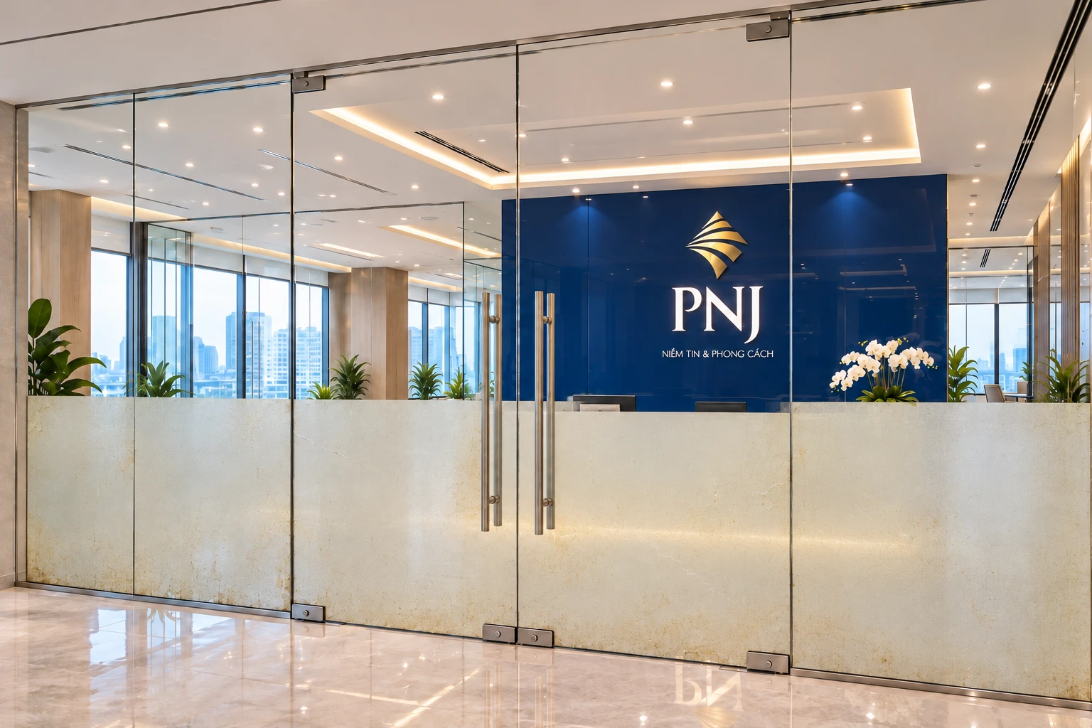 Vệ sinh vách kính văn phòng PNJ trước khi dán decal mờ mới