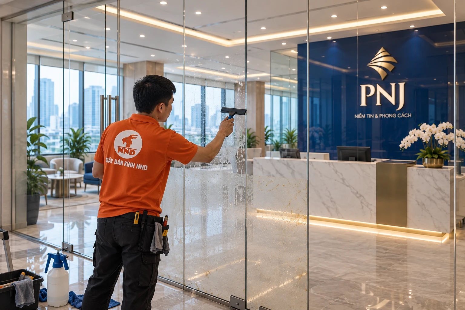 Thi công lại decal mờ mới trên vách kính văn phòng PNJ