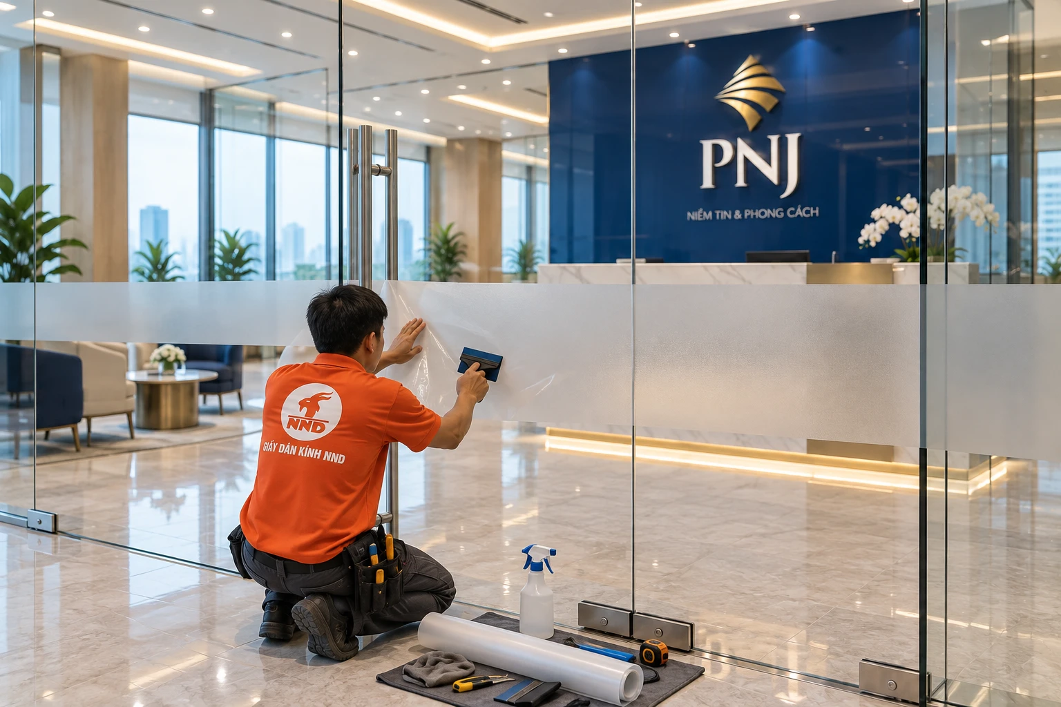 Dán decal mờ mới trên cửa kính văn phòng PNJ