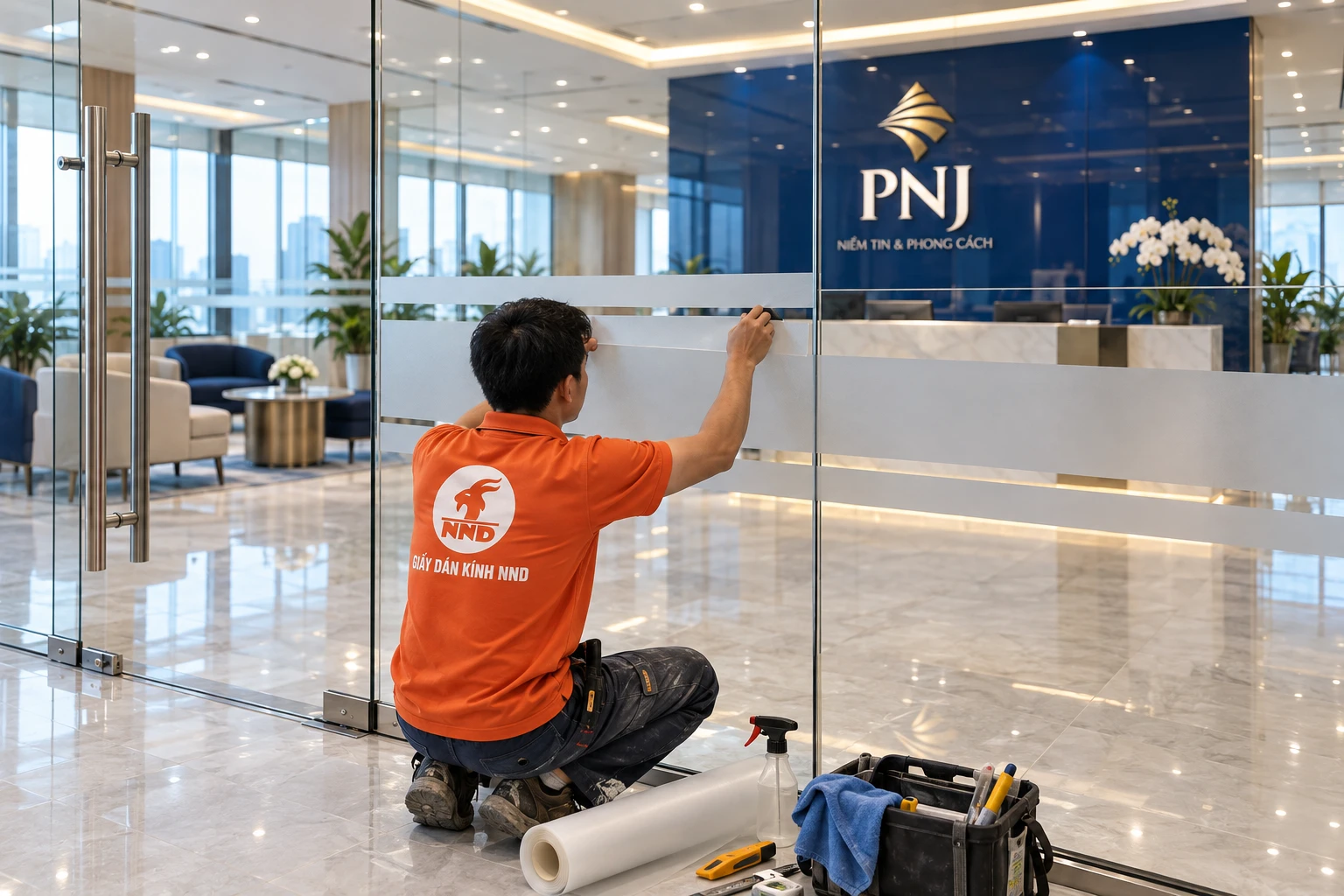 Decal mờ mới trên vách kính văn phòng PNJ sau khi bóc lớp cũ