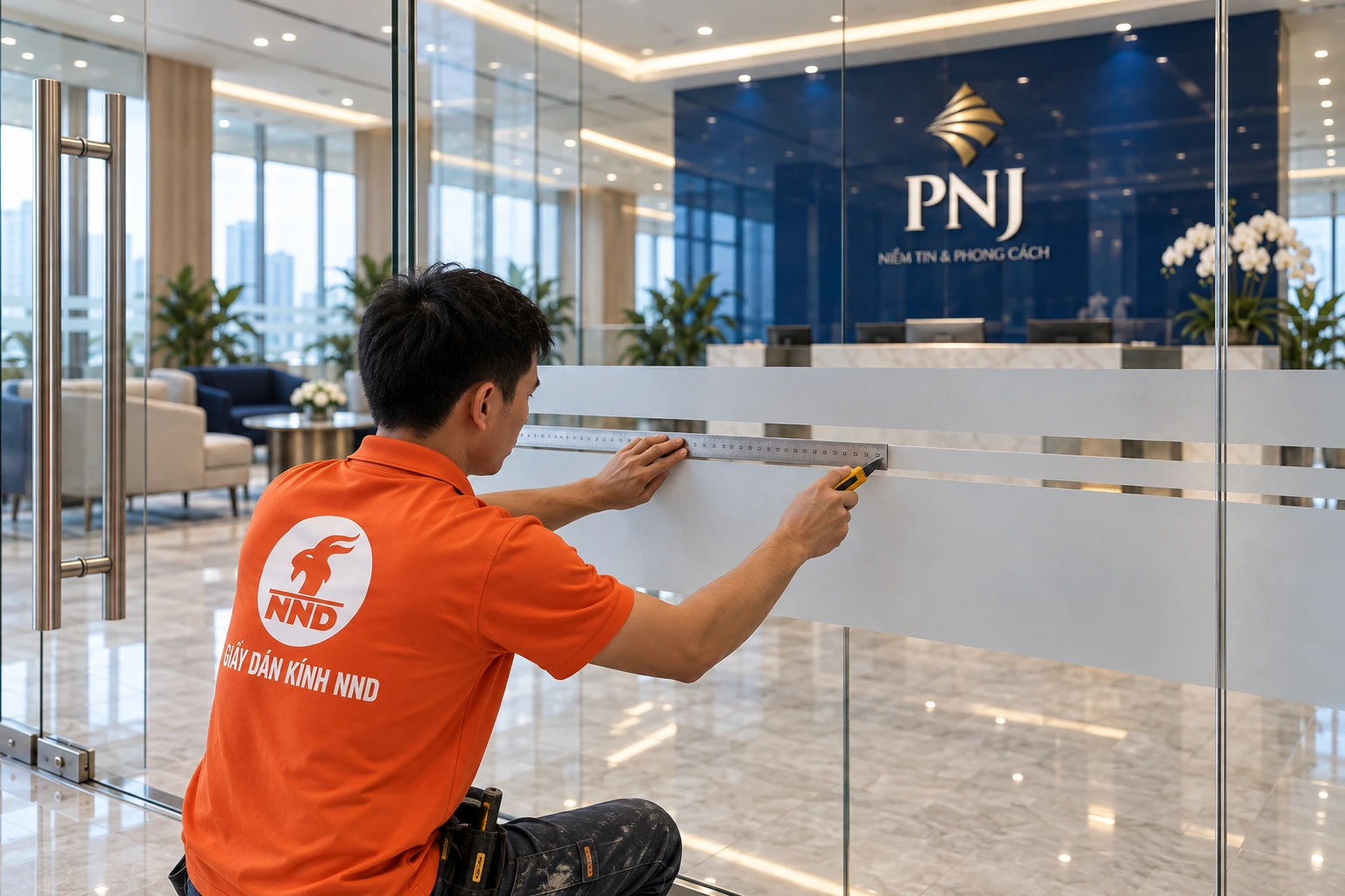 Cận cảnh decal mờ mới trên kính văn phòng PNJ