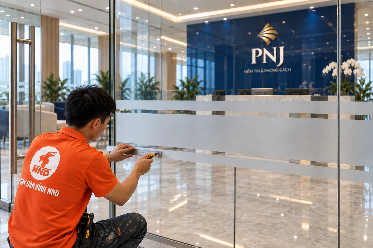 Thay decal mờ cũ bằng decal mờ mới trên kính văn phòng PNJ