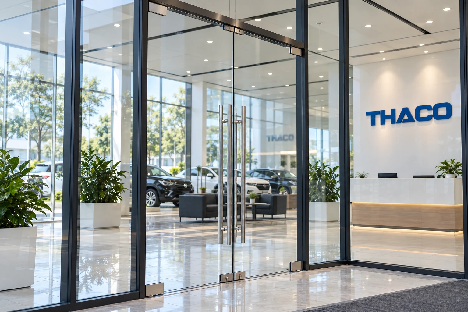 Thay mới decal kẻ chỉ và logo THACO trên vách kính văn phòng