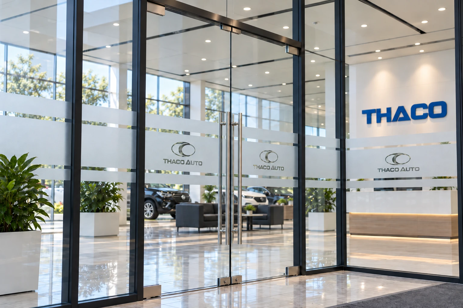 Hệ vách kính THACO sau khi thay decal mờ kẻ chỉ và logo