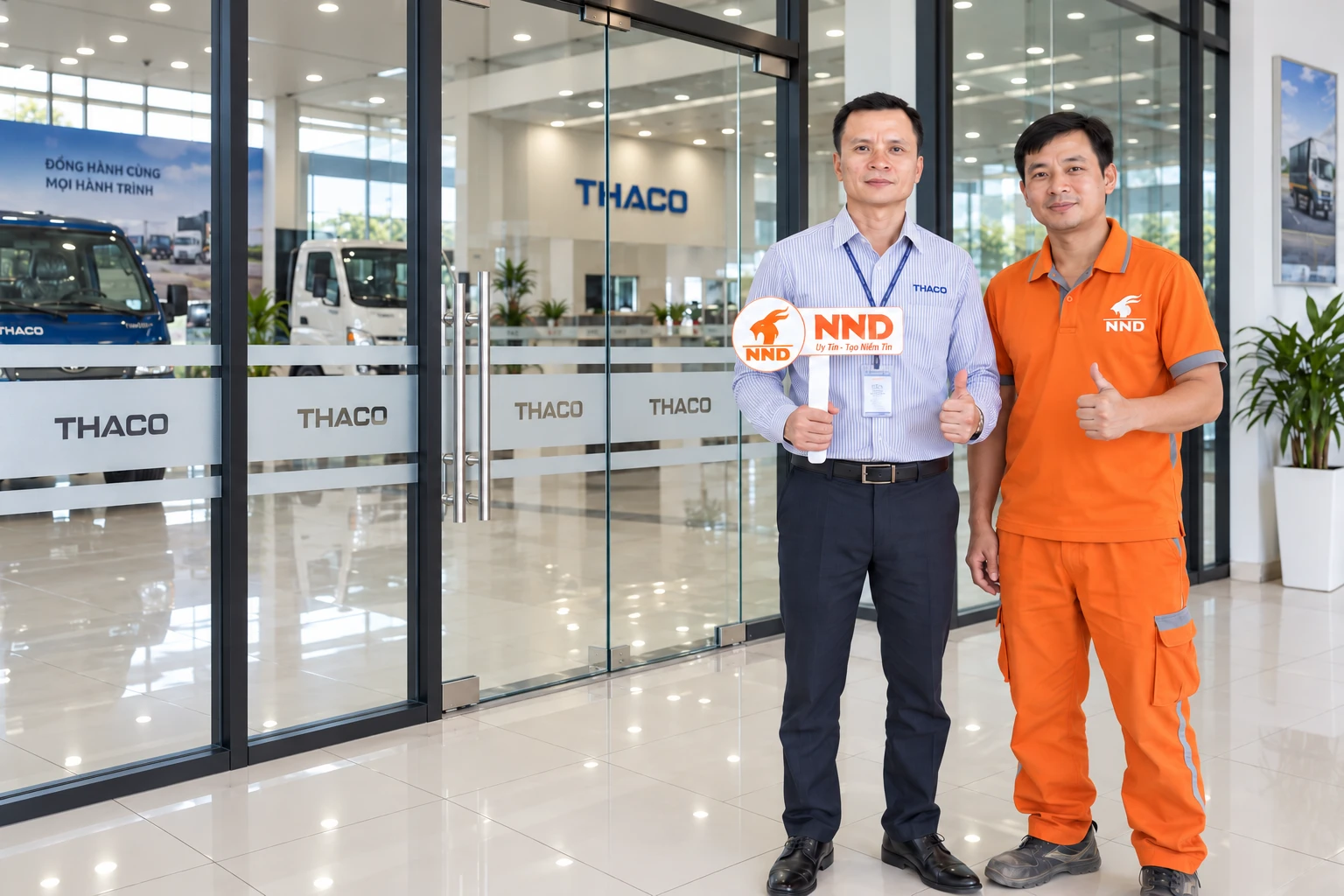 Hoàn thiện decal mờ kẻ chỉ và logo THACO trên vách kính